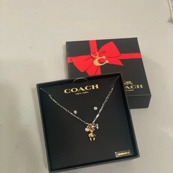 New With Box Coach Teddy Bear And Bow Earrings And Necklace Boxed Set CCU46 - Picture 4 of 11